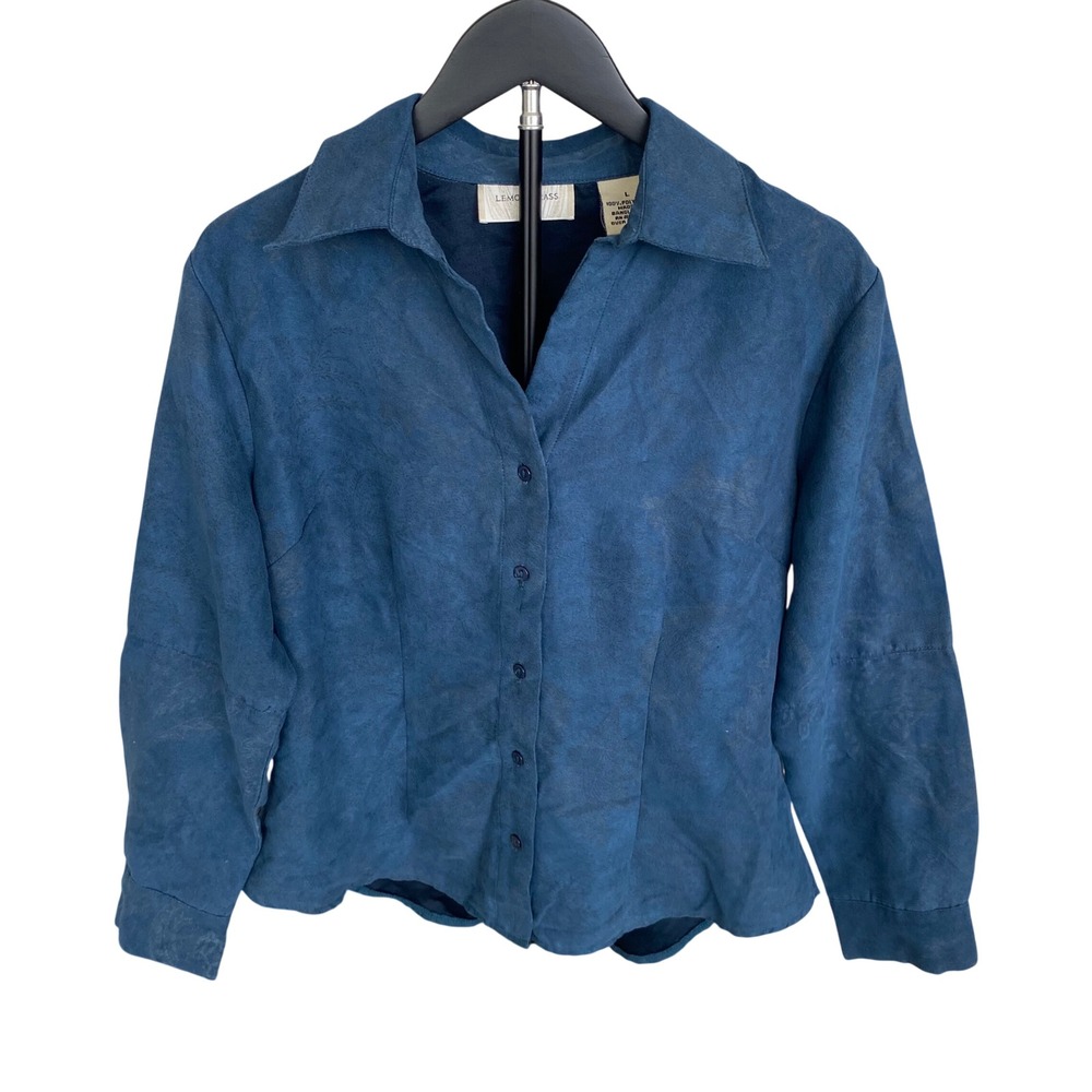 Lemon Grass Womens Large Blue Faux Suede Damask Floral Button Down Shirt Teal